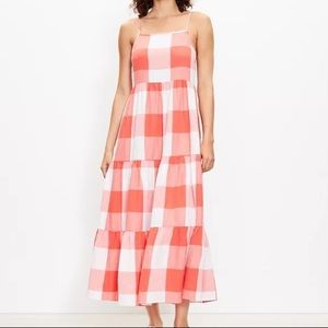 NWT Lou & Grey by LOFT Coral Gingham Puckered Midi Dress Size Medium 567367